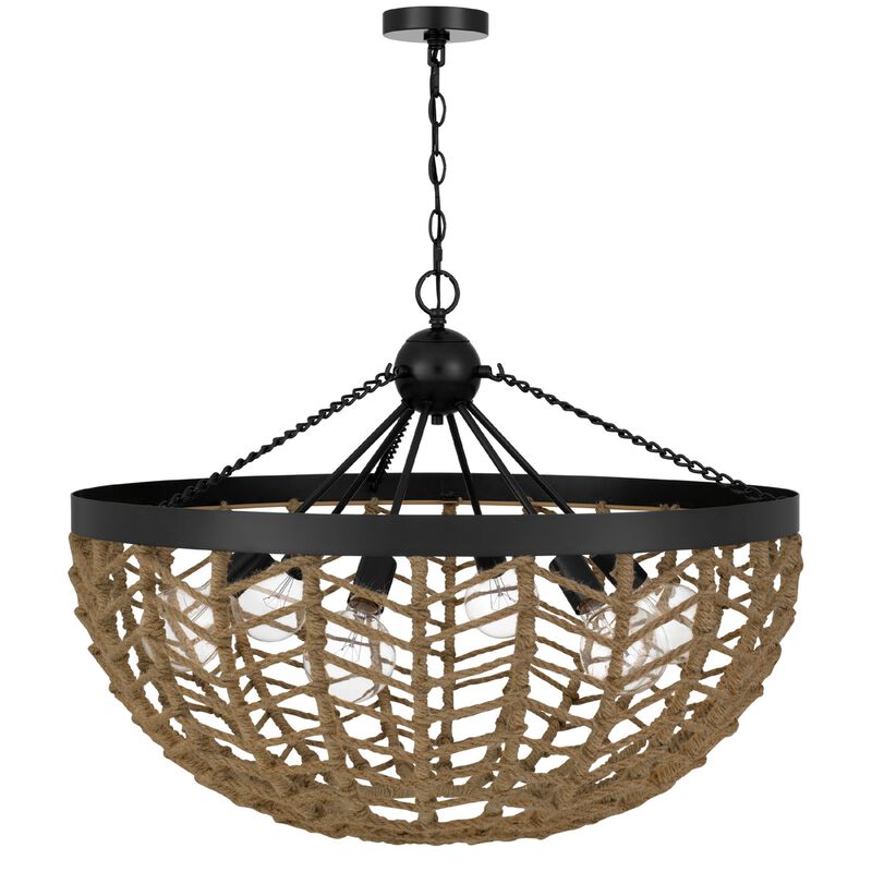 6 Light Pendant Chandelier, Caged Bowl Braided Rope, Black Metal 32 Inch image number 3