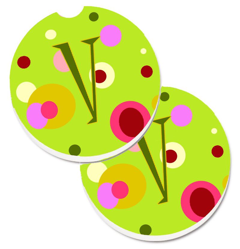 Caroline's Treasures Letter V Monogram - Lime green Set of 2 Cup Holder Car Coasters CJ1010-VCARC, 2.56, Multicolor