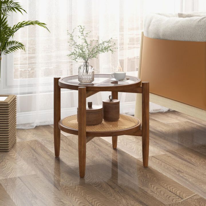Hivvago Rattan Round Side End Table with Tempered Glass Tabletop
