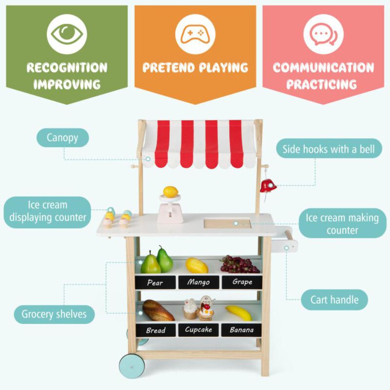 Hivvago Kids Wooden Ice Cream Cart with Chalkboard and Storage