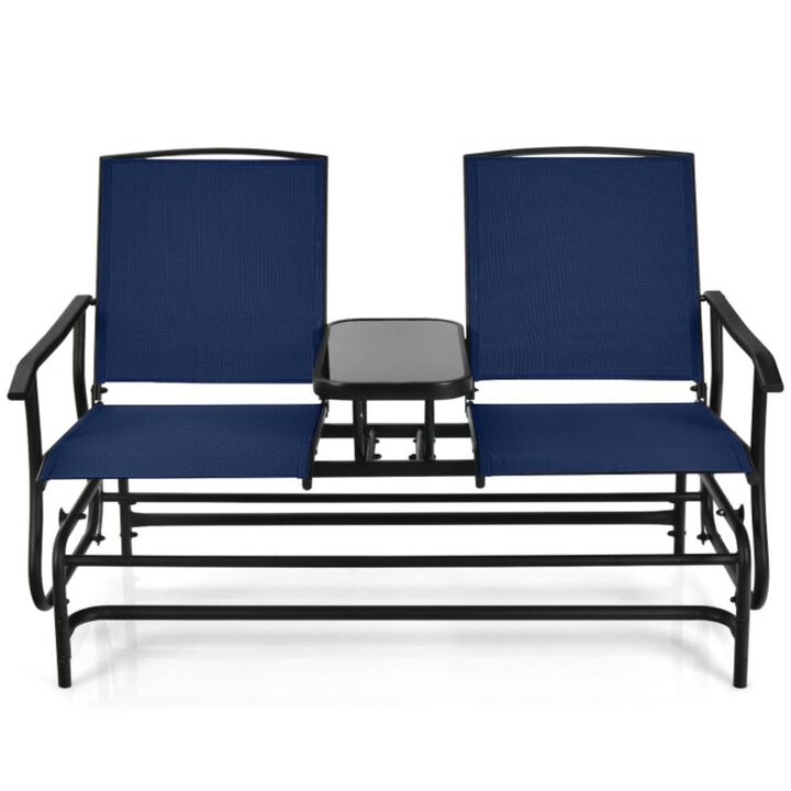 Hivvago 2-Person Double Rocking Loveseat with Mesh Fabric and Center Tempered Glass Table