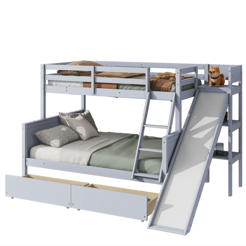 Whisen Twin over Full Rubber Wood Bunk Bed with 2 Drawers, Slide, Shelves and Ladder - White