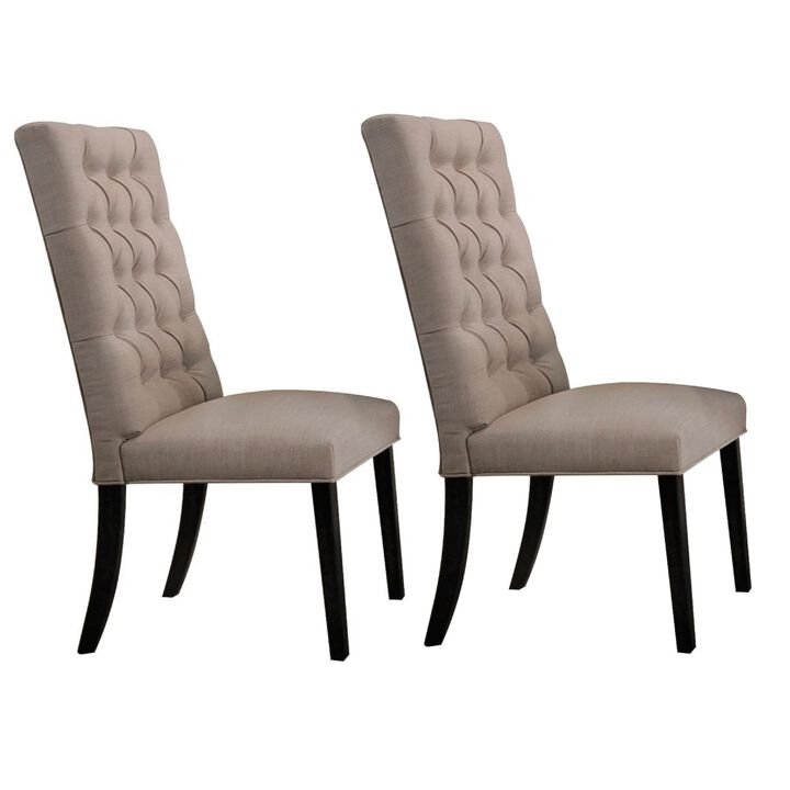 Wooden Dining Side Chair with Button Tufted Back, Set of 2, Tan Brown and Black-Benzara