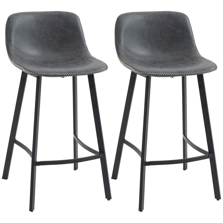 27.25" Counter Height Bar Stools Set of 2, Industrial Kitchen Stools, Upholstered Armless Bar Chairs with Back, Steel Legs, Grey