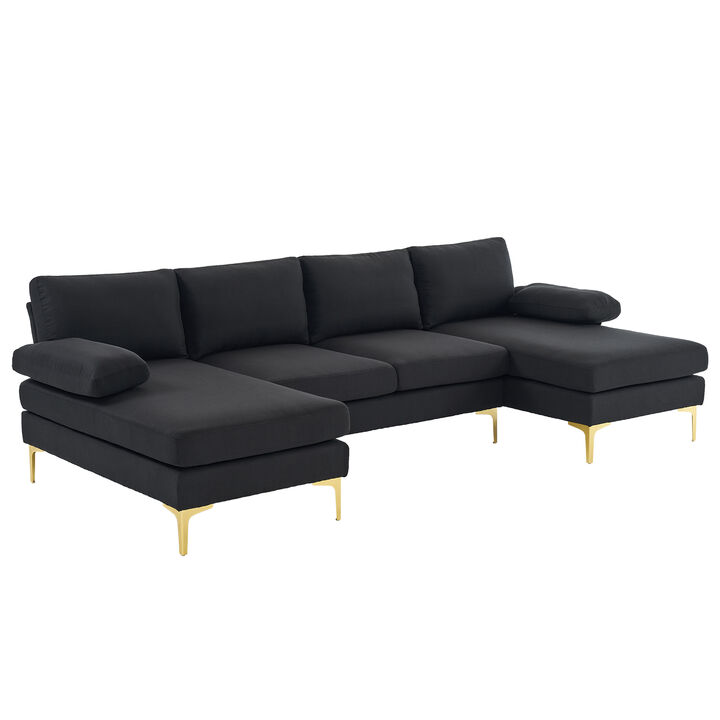 4-Seater U-Shaped Indoor Modular Sofa, Linen Seat with Wooden & Iron Frame, Gold Feet