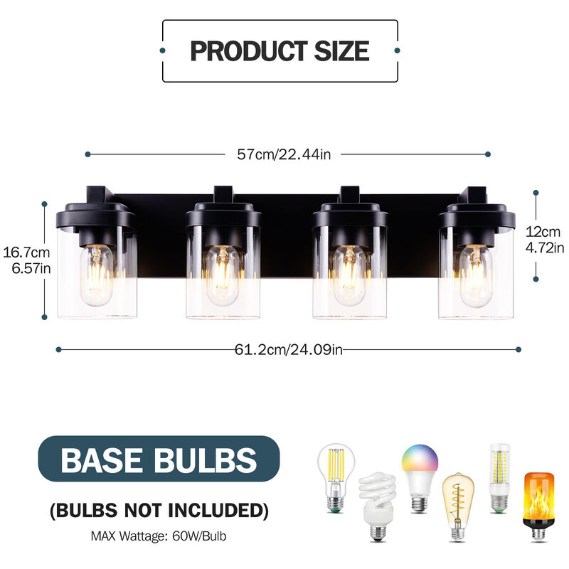 24.1 in. 4-Light Black Wall Sconce with Glass Shade image number 5