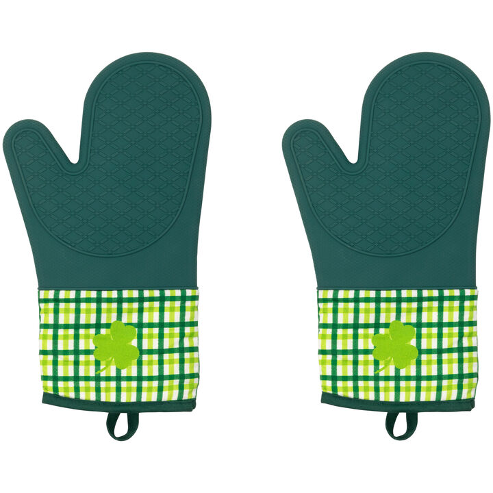 Set of 2 Green Plaid Shamrock St. Patrick's Day Oven Mitts 12.5"