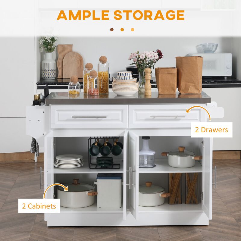 White Rolling Kitchen Island with Storage, Portable Kitchen Cart with Stainless Steel Top, 2 Drawers, Spice, Knife and Towel Rack