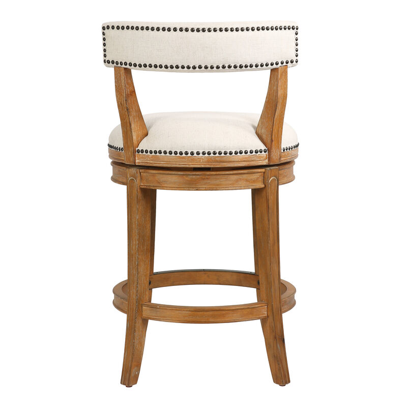 HomeRoots Linen and Brown Fabric and Solid Wood Low Back Counter Height Swivel Bar Chair image number 2