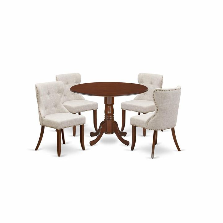 East-West Furniture DLSI5-MAH-35 - A dining room table set of 4 amazing kitchen chairs using Linen Fabric Doeskin color and an attractive two 9" drop leaf round wooden table in Mahogany Finish