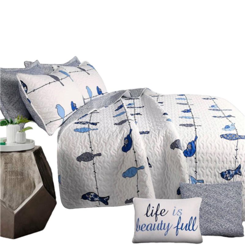 Hivvago King size Blue White Navy Floral Birds On Wire Lightweight 7 Piece Quilt Set