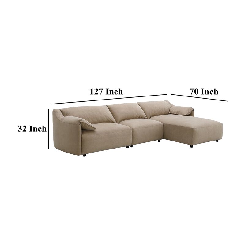 Vety L Shaped Sectional Sofa, Pillow Arm, Light Brown Nubuck Leather - Benzara