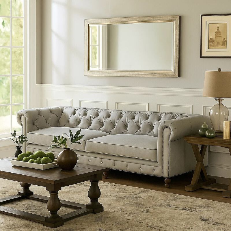 Ferry 122 Inch Chesterfield Sofa, Off White Tufted Top Grain Leather image number 6