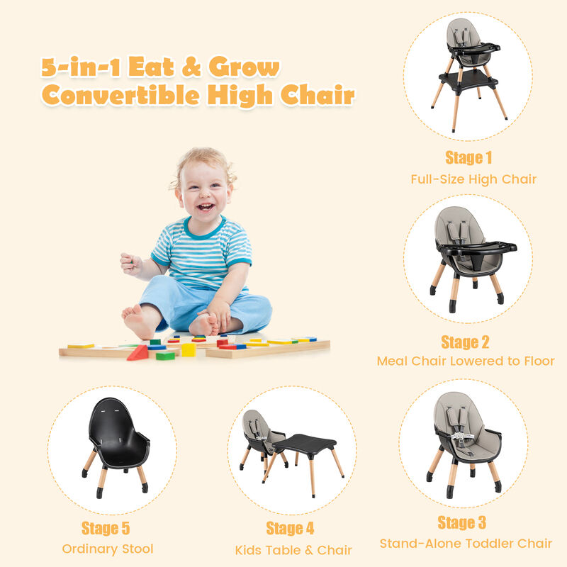 5-in-1 Baby Eat and Grow Convertible Wooden High Chair with Detachable Tray