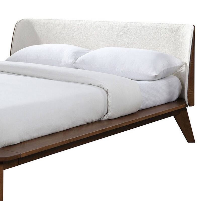 Linzy Queen Bed, Beige Boucle Upholstered Winged Edge, Brown Solid Wood - Benzara