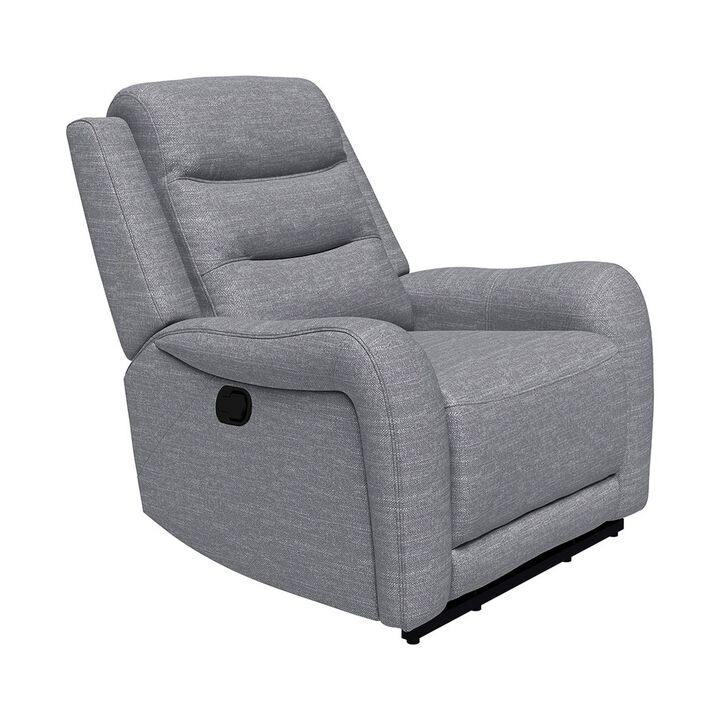 Clair Manual Recliner Chair with Scrolled Arms, Wood Frame, Gray Fabric  - Benzara