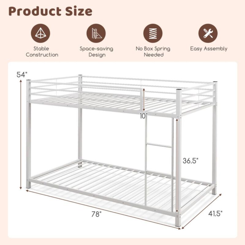 Hivvago Low Profile Twin Over Twin Metal Bunk Bed with Full-length Guardrails