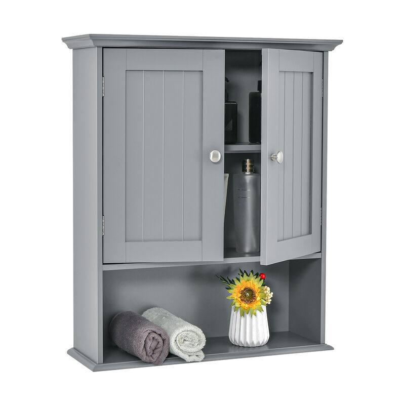 Wall Hanging Bathroom Cabinet with Enclosed Storage and Open Shelves