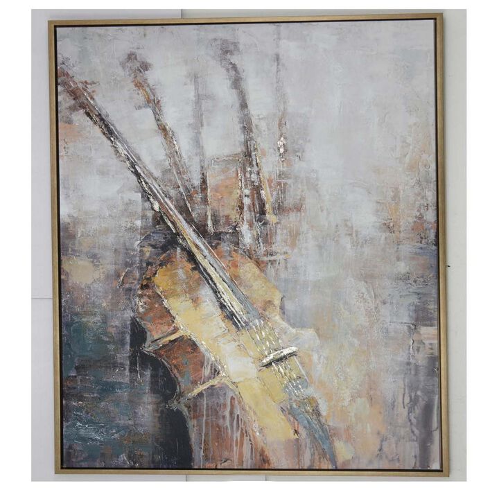 40 x 59 Framed Canvas Oil Painting, Guitar, Natural Fiber, Gray and Brown - Benzara