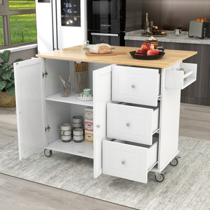 Rolling Mobile Kitchen Island with Solid Wood Top and Locking Wheels, 52.7 Inch Width, Storage Cabinet and Drop Leaf Breakfast Bar, Spice Rack, Towel Rack & Drawer (White)