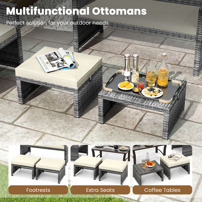 2 Pieces Patio PE Rattan Ottomans with Soft Zippered Cushions for Deck