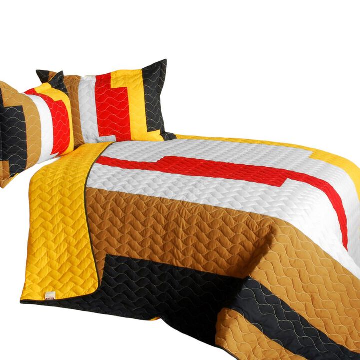 Queen Size Bedding Set 3 Piece Patchwork Striped Quilt with Vermicelli Stitching-yellow
