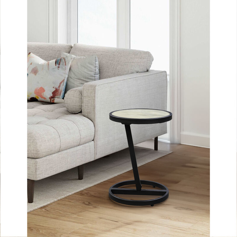 Beri 17 Inch Side End Table, Round White Natural Marble Top, Classic Black Angled Iron Frame - Benzara
