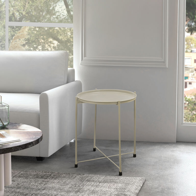 18 Inch Modern Side End Table, Round Metal Tray Top, Foldable Legs, Beige