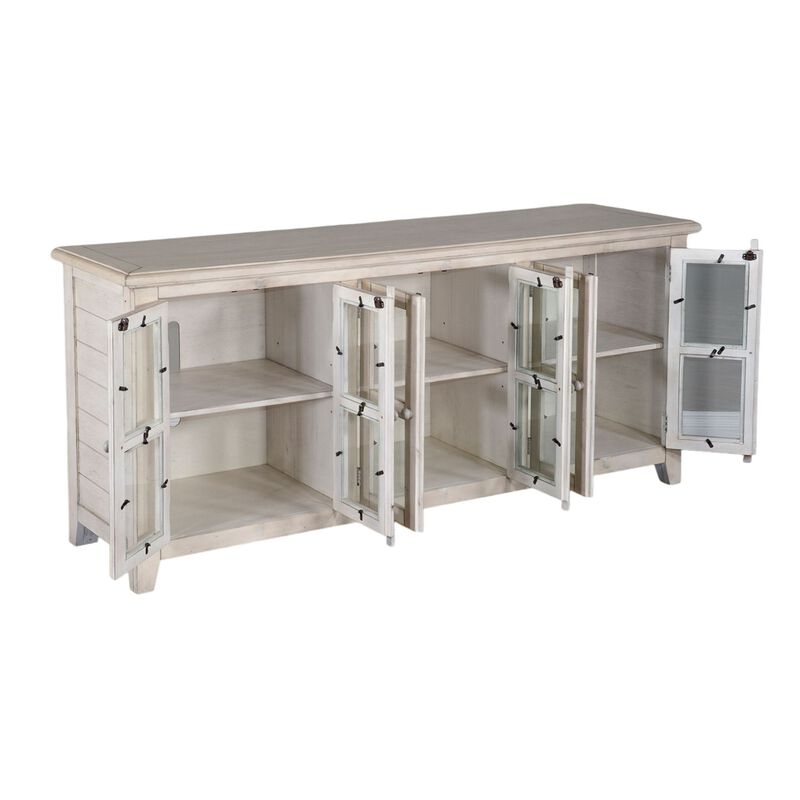 Yael TV Media Console, 6 Shelves, Glass Doors, White Mahogany, 70 Inch - Benzara