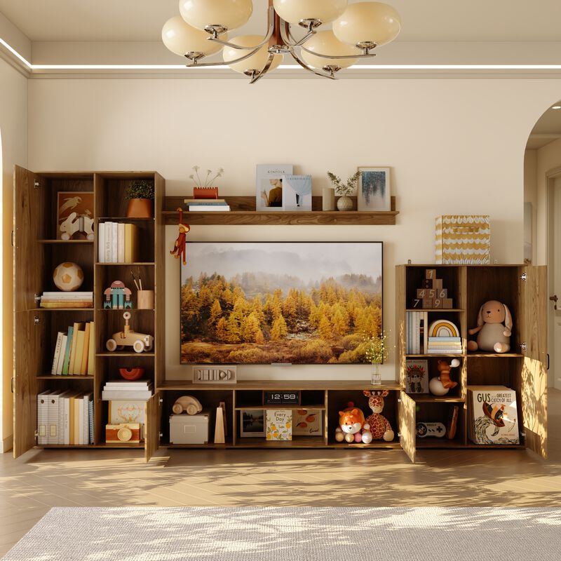 FUFU&GAGA Entertainment Wall Unit with TV Console, Floating Shelf, Glass Doors, Natural Wood Finish (126"W x 70.9"H x 15.7"D),Brown