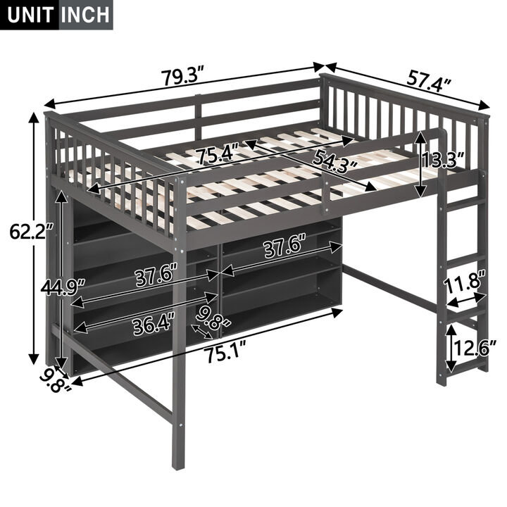 Full Size Loft Bed with 8 Open Storage Shelves and Builtin Ladder, Gray