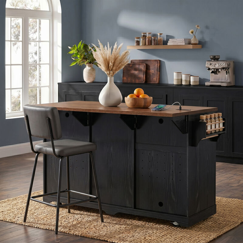 Merax Rolling Kitchen Island with Bar Cabinet, 2 Fridge Compartments, Sliding Barn Doors image number 1