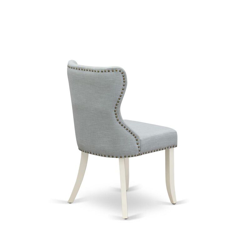 East West Furniture - Set of 2 - Parson Chairs- Dining Room Chair Includes Linen White Solid Wood Structure with Baby Blue Linen Fabric Seat with Nail Head and Button Tufted Back