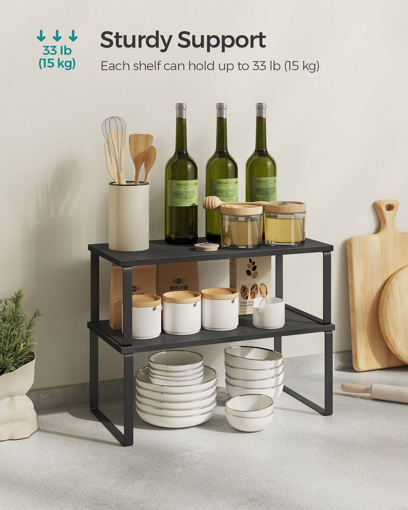 Set of 4 Stackable Cabinet Shelf Organizers - Metal and Particleboard Kitchen Counter Shelves, Expandable