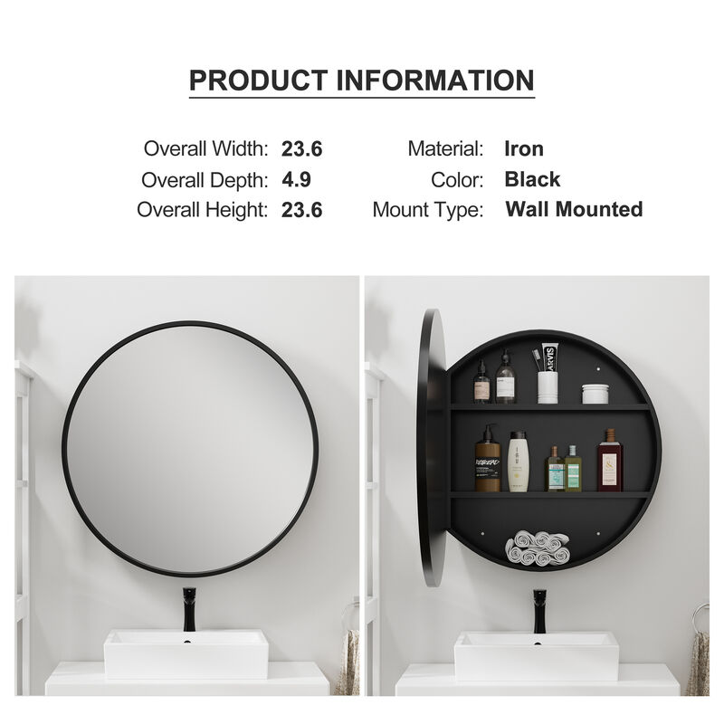 24 Round Black Surface Mount Medicine Cabinet with Mirror