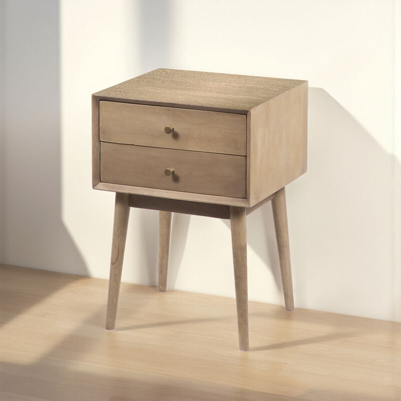 Nali Bedside Nightstand Table, 2 Drawers, Sandblasted Washed Ash White Mango Wood, Brass Knobs