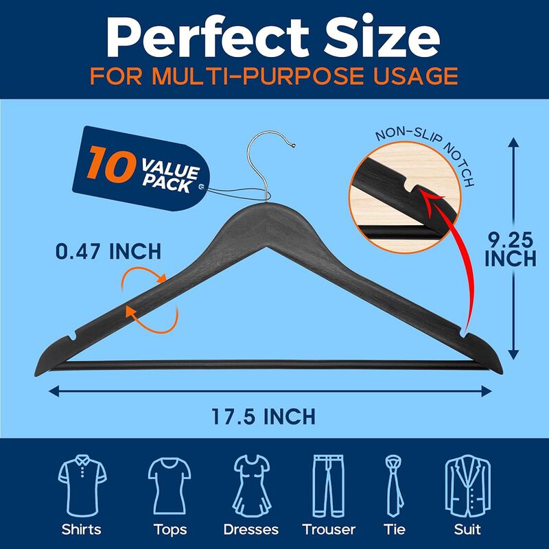 Wooden Clothes Hangers - 10 Pack, Durable, Non-Slip, Space-Saving Hangers for Dresses, Coats, and More, Holds Up to 10 lbs with 360&deg; Swivel Hook, Black Finish