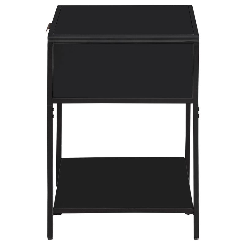 Lanie Bedside Table with Drawer and Open Shelf, PE Cane, Black Metal