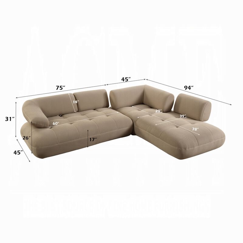 Erico L Sectional Sofa, 6 Pillows, Beige Sandwich Mesh Fabric 121 Inch