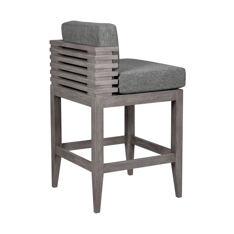 Hida 28 Inch Outdoor Patio Counter Stool Chair, Gray, Olefin Cushions - Benzara