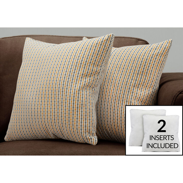 Monarch Specialties I 9235 Pillows, Set Of 2, 18 X 18 Square, Insert Included, Decorative Throw, Accent, Sofa, Couch, Bedroom, Polyester, Hypoallergenic, Gold, Grey, Modern