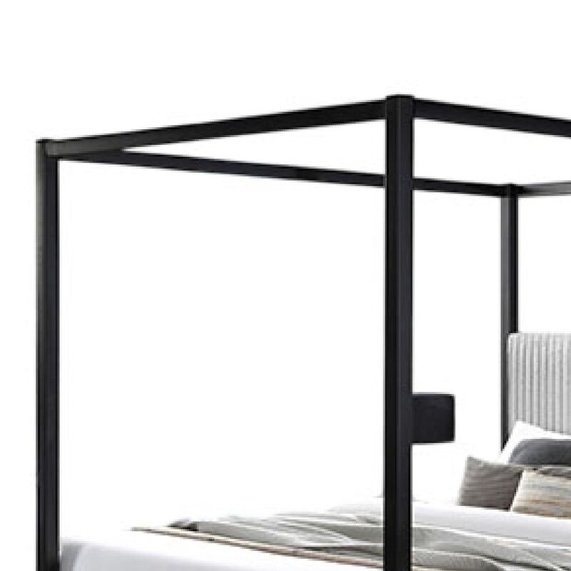 Keri Queen Canopy Bed, Black Slatted Wood Frame, White Upholstery