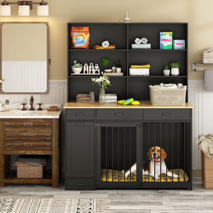 Dog House Furniture Style Dog Crate Storage Cabinet, Large Dog Crate With Shelf and Drawer and Drawer Dog Bowl, Black