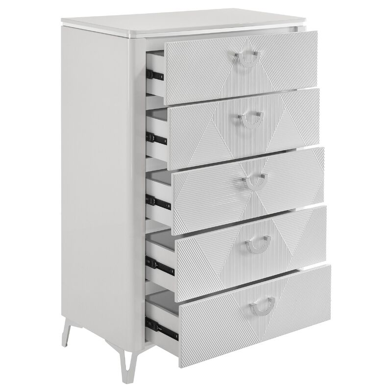 Ivana Tall Dresser Chest with 5 Drawers, Geometric Front, White Wood image number 4