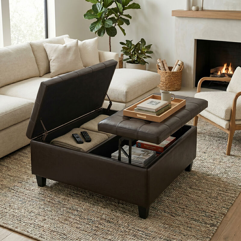 Harrison 36 inch Wide Transitional Square Coffee Table Storage Ottoman in Tanners Brown Vegan Faux Leather, Assembled image number 9