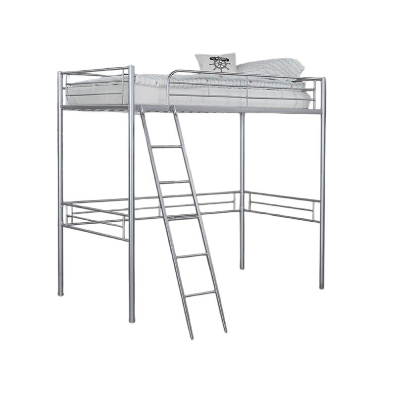 Mylz Twin Loft Bed, Silver Metal Frame with Attached Angled Ladder