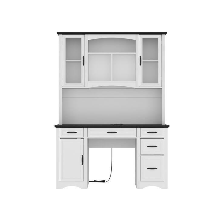 FUFU&GAGA Rustic Office Desk with Transparent Glass Doors, Shelves, Multiple Drawers, Large Storage Space, and Power Strip, (57.9 in. W x 10.7 in. D x 78.7 in. H), White and Black