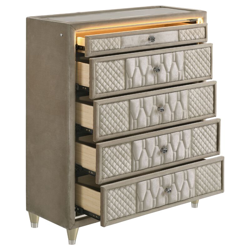 Maren Tall Dresser Chest, 5 Drawers and LED Light, Ivory Tufted Velvet image number 5