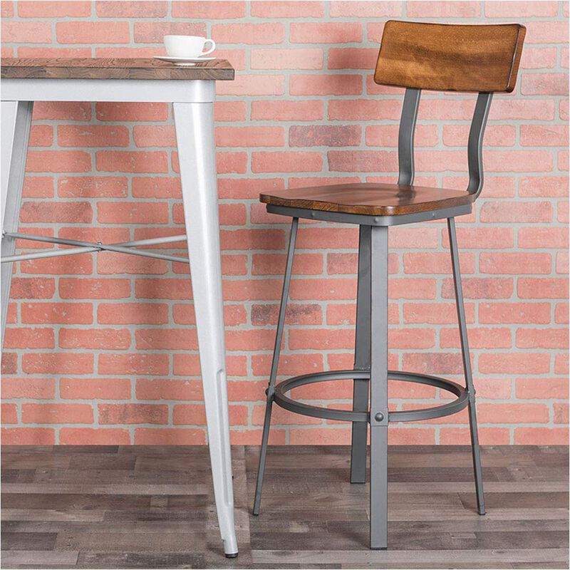 Flash Furniture Flint Series Rustic Walnut Restaurant Barstool with Wood Seat & Back and Gray Powder Coat Frame