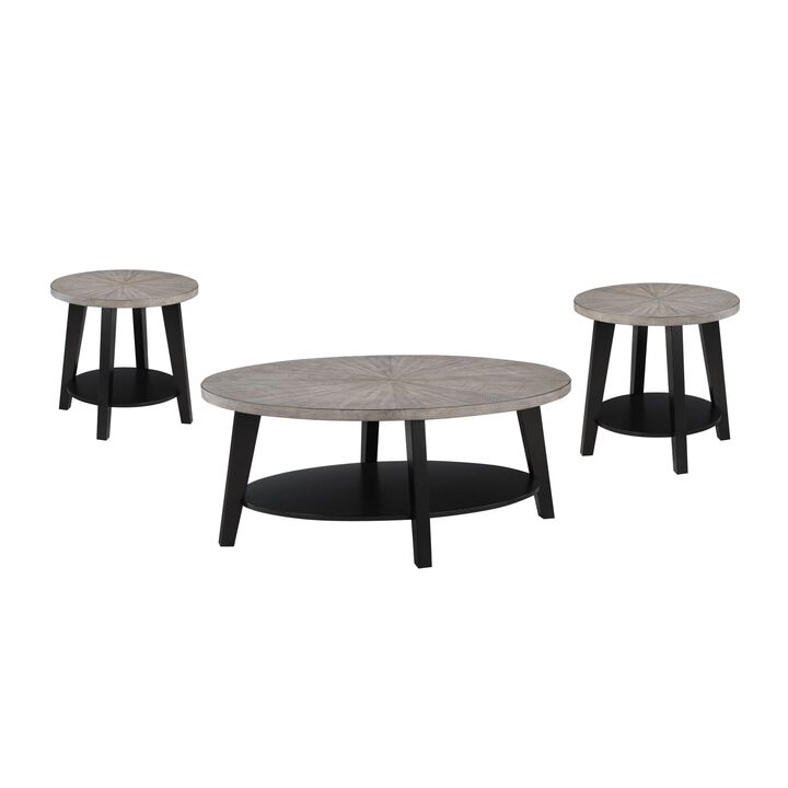 Avenue 3 Piece Coffee and End Table Set, Wood, Storage Shelf, Gray, Black - Benzara